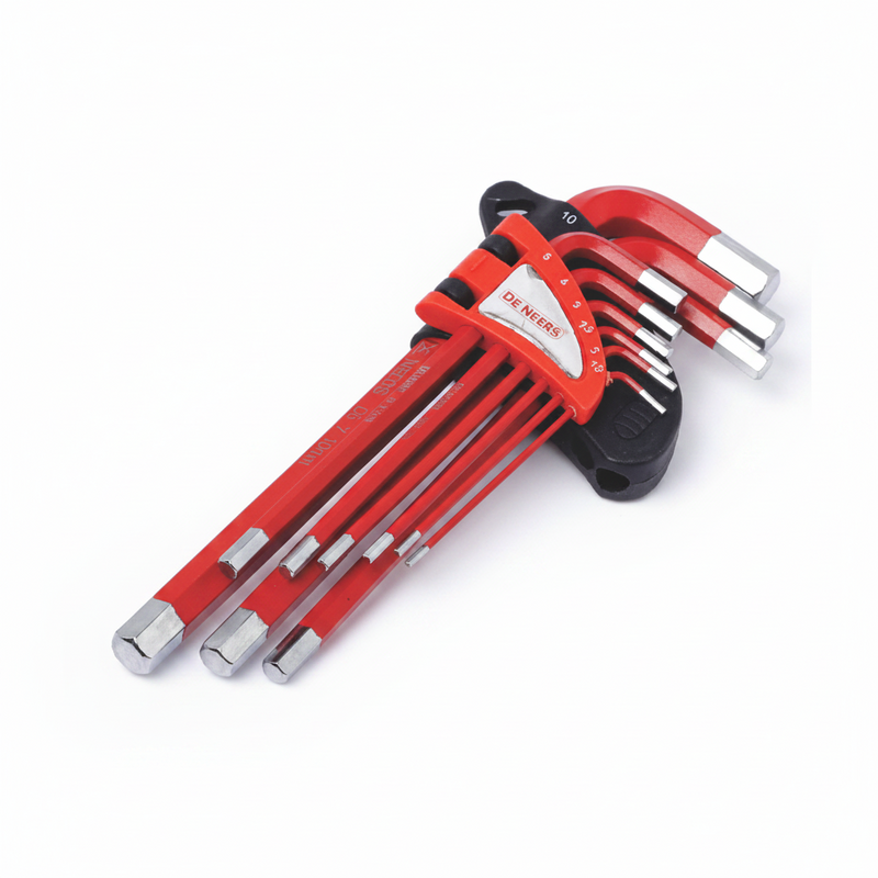 De Neers Red Powder Coating Long Arm Flat End Allen Key Set (9 Pcs)