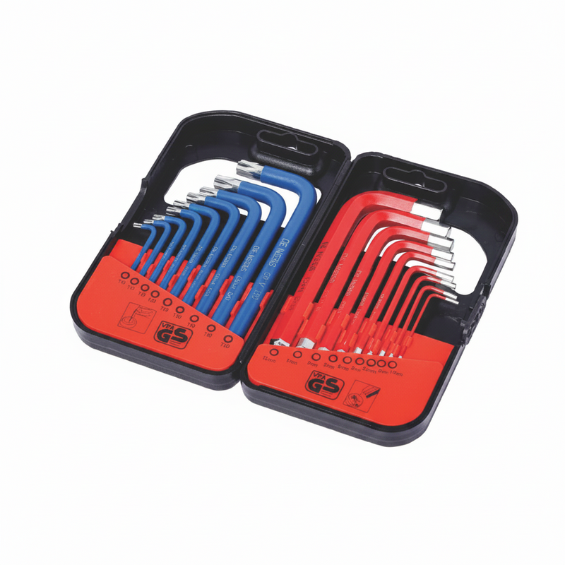 De Neers Red Powder Coating Short Arm Ball End Hex Key And Short Arm Torx Key Set (18 Pcs)