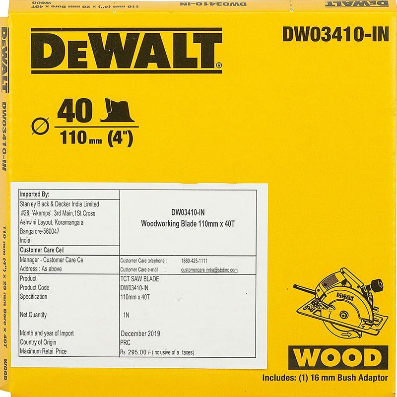 Dewalt DW03410-IN 4 Inch 40 Teeth 110mm Out Dia TCT Woodworking Circular Saw Blade