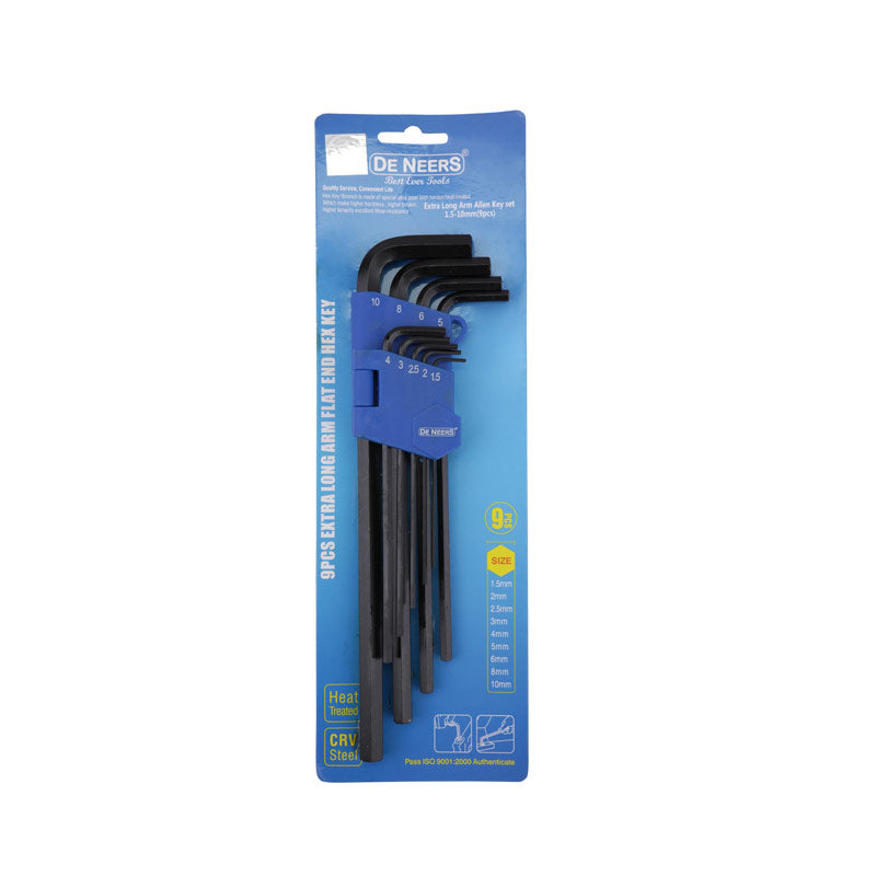 De Neers Hex Allen Key Set Extra Long Arm 9pcs